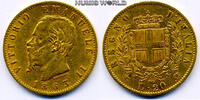 Italien 20 Lire Mz. T BN, Viktor Emanuel II. 1861-1878, 6,44 g/900 Gold, S40, ss/vz -