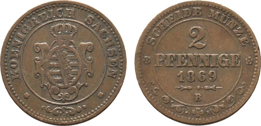 Sachsen-Albertinische Linie Cu 2 Pfennig 1869 B Johann 1854-1873 Sehr ...