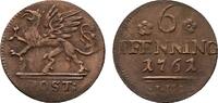 Mecklenburg-Rostock, Stadt Cu 6 Pfennig 1761 IHB Winz. Schr&ouml;tlingsfehler... 35,00 EUR  zzgl. 3,00 EUR Versand