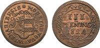 Mecklenburg-Wismar, Stadt Cu 3 Pfennig 1824 FL Sehr sch&ouml;n + 45,00 EUR  zzgl. 3,00 EUR Versand