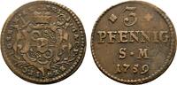 Cu 3 Pfennig 1759 Erfurt Mainz, Erzbistum Johann Friedrich Karl Graf von Ostein 1743-1763 Selten. Sehr schön