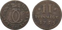 Cu 2 Pfennig 1759 Arolsen Waldeck Karl August Friedrich 1728-1763 Selten, kl. Schrötlingsfehler, sehr schön