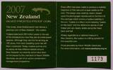 NEW ZEALAND , KM# 150a , Silver, 5 Dollars, 2007, Proof, Tuatara. Comes with a copy of New Zealand Post Office purchase Receipt.