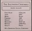 PALAU, KM# 136 , Silver, 5 Dollars, 2007, Proof, Pacific Wildlife - The Saltwater Crocodile. Colored with blue Swarovski crystal
