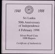 SRI LANKA , KM# 159 , Silver, 1000 Rupees, 1998, Proof, 50 Years of Independence. Coin housed in Original Mint capsule! Coin in
