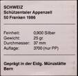 SWITZERLAND, KM# S26 , Silver, 50 Francs, 1986, Proof, Appenzell Festival. Coin in excellent condition!