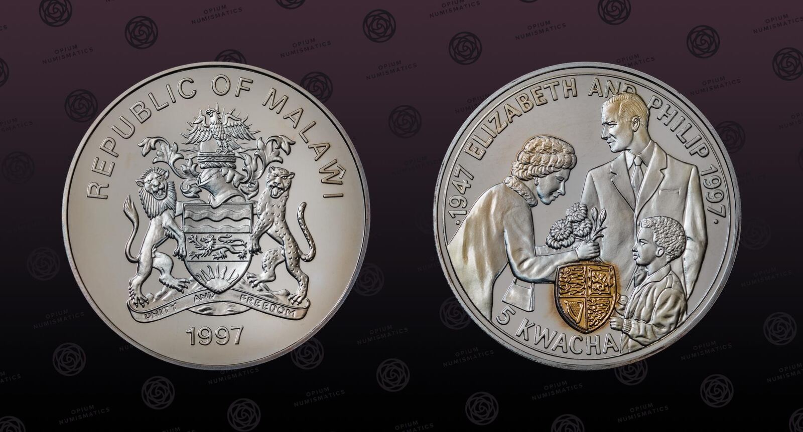 MALAWI, KM# 41, Silver, 5 Kwacha, 1997, Proof, Queen Elizabeth II and ...