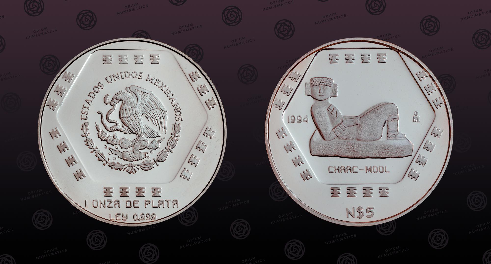 MEXICO, KM# 574, Silver, 5 Nuevos Pesos, 1994, Proof, Chaac-Mool. Coin ...