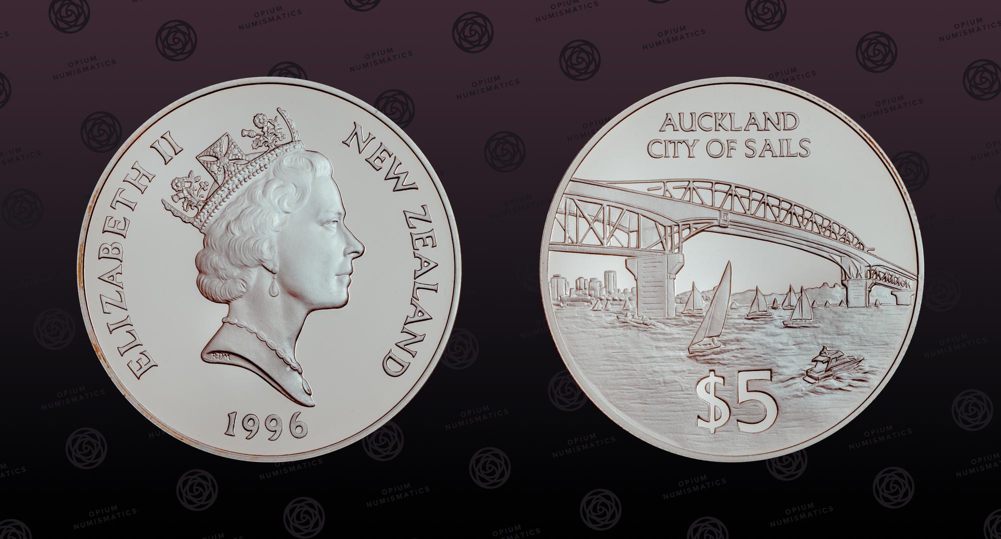 NEW ZEALAND, KM# 99a, Silver, 5 Dollars, 1996, Proof, Auckland - City ...