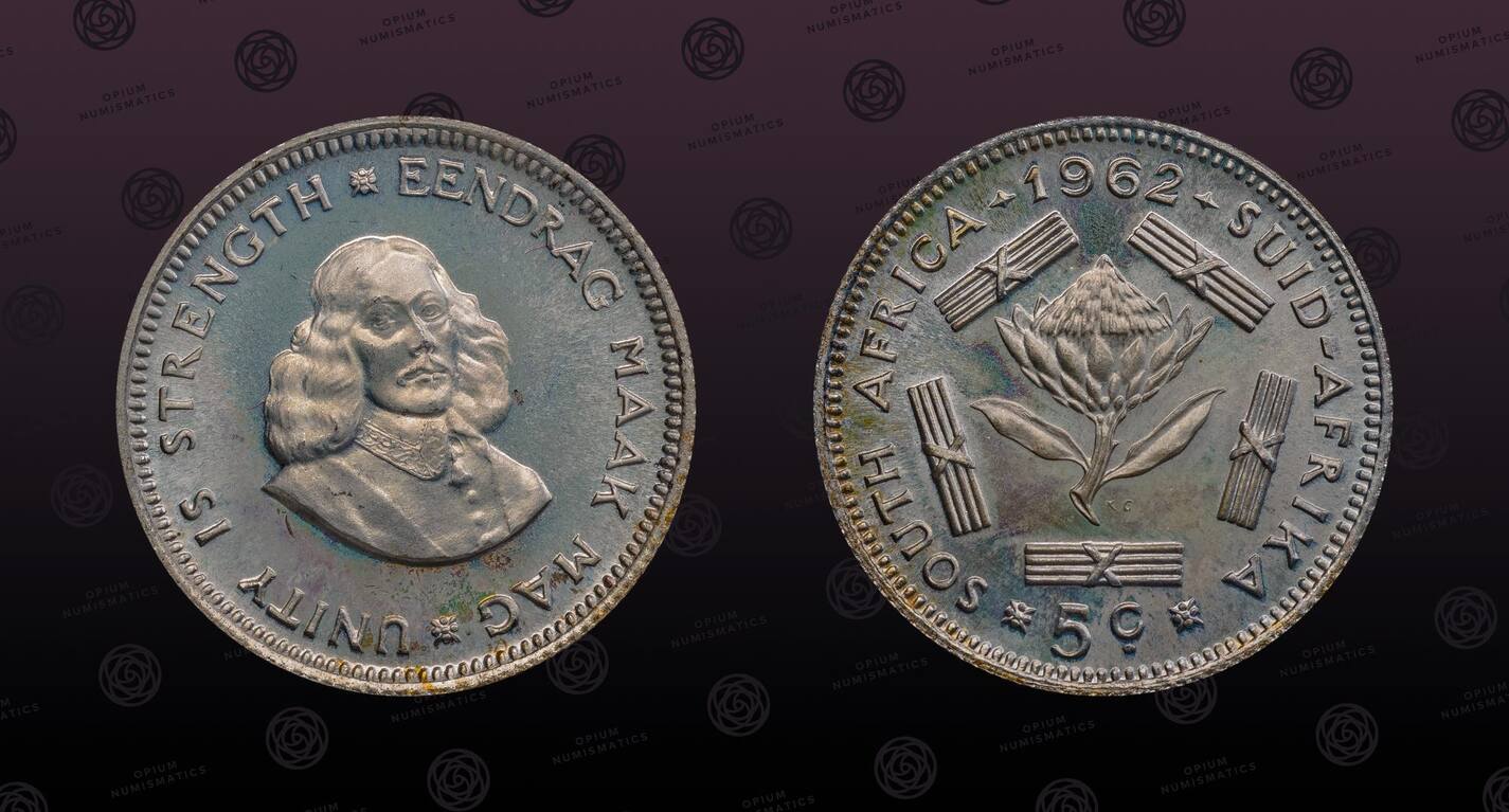 SOUTH AFRICA KM 59 Silver 5 Cents 1962 Proof Jan Van Riebeeck south-africa-km-59-silver-5-cents-1962-proof-jan-van-riebeeck