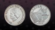 ARUBA , KM# 34 , Silver, 5 Florin, 2005(u), Proof, Queen s Silver Jubilee. Rev. Flag. Coin housed in Original Mint Capsule! Coi