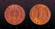 1 Santims 1939 LATVIA LATVIA, KM #10 , Bronze, 1 Santims, 1939, Mint Strike, Scarce in Gem condition! 