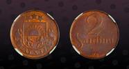 2 Santimi 1922 LATVIA LATVIA, KM# 2 , Bronze, 2 Santimi, 1922, Mint Strike, Scarce type Without Name in Choice condition! Toned! 