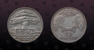 LEBANON 25 Piastres LEBANON, KM# 7 , Silver, 25 Piastres, 1929, Mint Strike, Cedar tree. Scarce coin! -