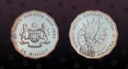 MALAYSIA 25 Ringgit MALAYSIA, KM# 33 , Silver, 25 Ringgit, 1982, Proof, 25th Anniversary of Independence. 14-sided. Toned. Coin has been removed fro -