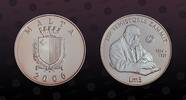 MALTA 5 Liri MALTA, KM# 138 , Silver, 5 Liri, 2006, Proof, Sir Temistokle Zammit. Coin in excellent condition! -