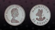 MAURITIUS 25 Rupees MAURITIUS , KM# 40a , Silver, 25 Rupees, 1975, Proof, Conservation - Blue Swallowtall (Butterfly). Coin in excellent condition! -