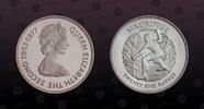 MAURITIUS 25 Rupees MAURITIUS , KM# 43a , Silver, 25 Rupees, 1977, Proof, Queen's Silver Jubilee -Man harvesting sugar cane. Coin in excellent condi -