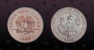 PAPUA-NEW GUINEA 5 Kina PAPUA-NEW GUINEA , KM# 45 , Silver, 5 Kina, 1998, Proof, Queen Mother - Queen Mother and Queen Elizabeth II standing behind a cr -