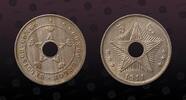 BELGIAN CONGO , KM# 17 , Copper-Nickel, 5 Centimes, 1911, Mint Strike, With round hole in the center of the coin.