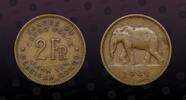BELGIAN CONGO , KM# 28 , Brass, 2 Francs , 1946, Mint Strike, Elephant left. Nice coin!