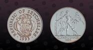 SEYCHELLES 25 Rupees SEYCHELLES, KM# 70 , Silver, 25 Rupees, 1993, Proof, Olympics 1992 - Balance beam gymnasts. Coin in excellent condition! -