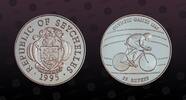 SEYCHELLES 25 Rupees SEYCHELLES, KM# 97 , Silver, 25 Rupees, 1995, Proof, Olympics 1996 - Cyclist. Some hairlines otherwise nice coin! -