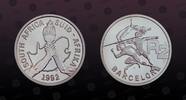 SOUTH AFRICA , KM# 147 , Silver, 2 Rand, 1992, Proof, Barcelona Oylmpics - 3 event athletes. Coin in excellent condition!