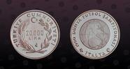 20000 Lira 1990 TURKEY TURKEY, KM# 992 , Silver, 20000 Lira, 1990, Proof, 1990 World Championship Soccer. Coin in excellent condition! 