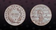 TURKEY 50000 Lira TURKEY, KM# 1019 , Silver, 50000 Lira, 1991, Proof, Ahmet Adnan Saygun - Musician. Coin in excellent condition! -