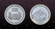 CENTRAL AFRICAN STATES , KM Unlisted , Silver, 1000 Francs, 2002, Proof, European Symbolic and 3 Gazelle. Very rare silver proo