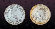 CHAD 500 Francs CHAD, KM# 30 , Silver, 500 Francs, 2001, Proof, Ceratotherium Simum - 2 Rhinocesros. Coin in excellent condition! -
