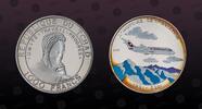 CHAD 1000 Francs CHAD, KM# 33 , Silver, 1000 Francs, 2003, Proof, Airplane - DC9-15. Multicolored. Coin in excellent condition! -