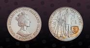 FALKLAND ISLANDS 5 Pounds FALKLAND ISLANDS , KM# 63a , Silver, 5 Pounds, 1997, Proof, Elizabeth and Philip - Royal couple with gold inlay shield. Coin in -