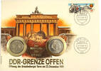Numisbrief DDR Grenze offen + Münzen 1 DM + 1 DDR 1989 Deutschland Briefmarken gest. Berlin + Münzen 1 DDR und 1 BRD Mark DM gute Erhaltung