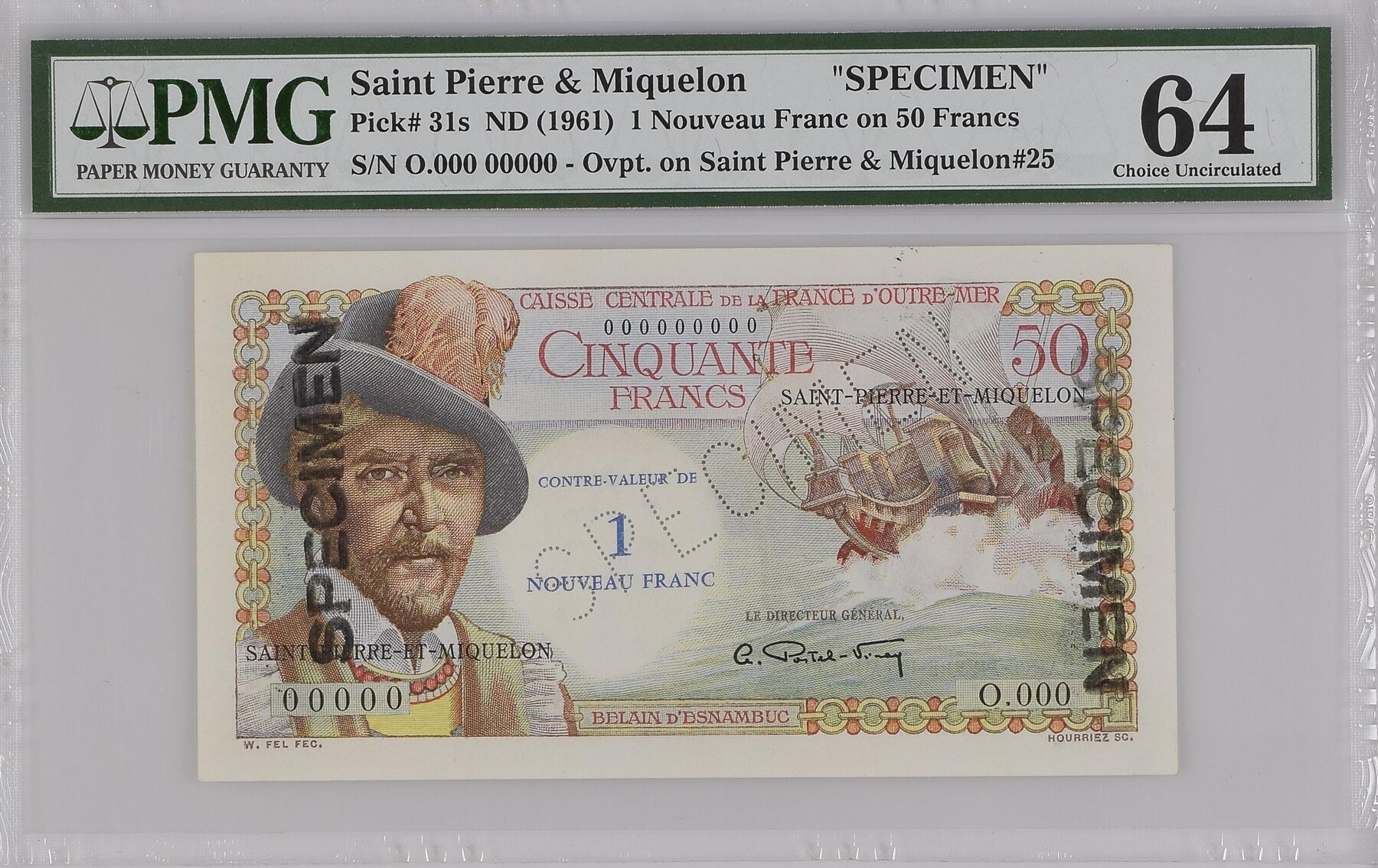 1 Nouveau Franc Saint Pierre & Miquelon Specimen 1 NF (1961) PMG Choice ...