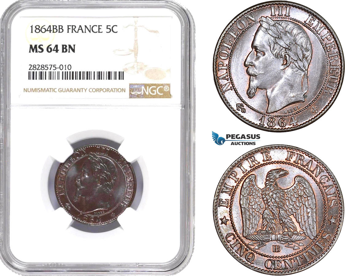 France 5 Centimes 1864 Napoleon III NGC MS64BN | MA-Shops