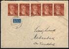 Bundesrepublik Deutschland 5x 4 Pfg. 156 Wohlfahrt 'Helfer der Menschheit' als portorichtige Mehrfachfrankatur -