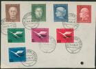 Bundesrepublik Deutschland 7-40 Pfg. 1954/55 Wohlfahrtsserie Helfer der Menschheit komplett mit Lufthansaausgabe gestempelt/Briefstück