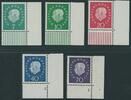 7-70 Pfg. 1959 Bundesrepublik Deutschland 302-06  Heuss Medaillon  als Bogenecken/Eckrandstücke mit beiden Formnummern ** postfrisch