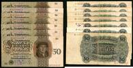 Deutsches Reich - Weimar 7x 50 Reichsmark komplettes Set aller Serienbuchstaben A-G des Unterdruckbuchstabens V -
