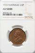 Australia 1/2 Penny 1924 NGC AU 58 BN