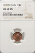 Ceylon 1/4 Cent 1890 NGC MS 64 BN