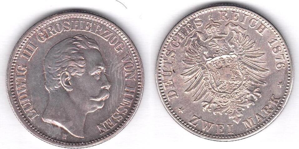 Deutschland Kaiserreich 1876 J. 66 2 Mark HESSEN Ludwig III. 1866 in