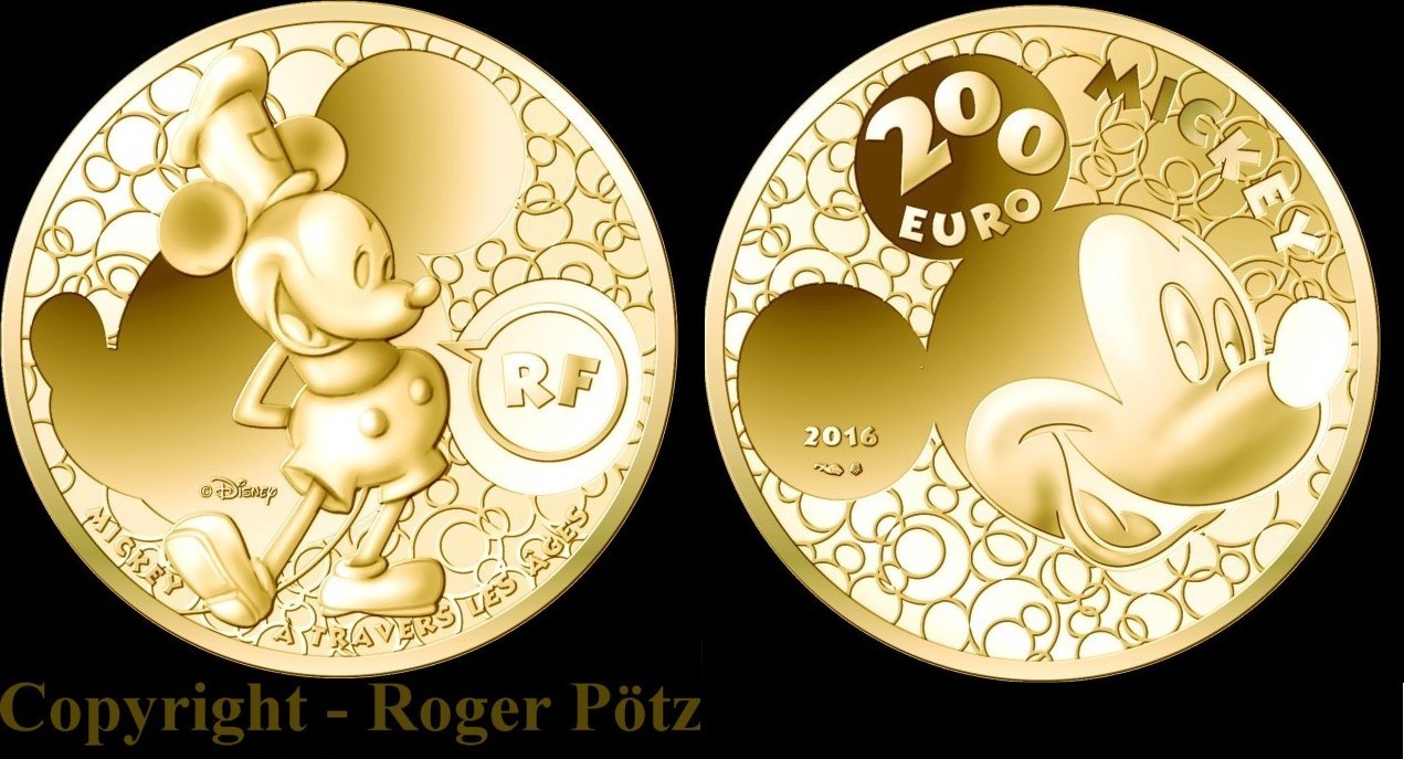 Frankreich 200 Euro Gold 2016 Mickey Mouse Im Wandel Der Jahre Polierte