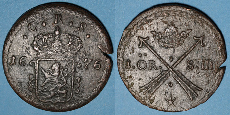 EUROPA 1 öre 1676 Suède. Charles XI (1660-1697). (S.M.) Avesta Flan ...
