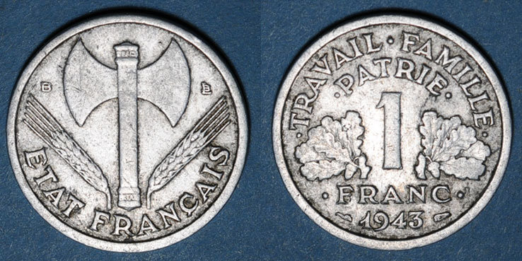 France 1 franc, 1943, pièces anciennes, État français de Vichy