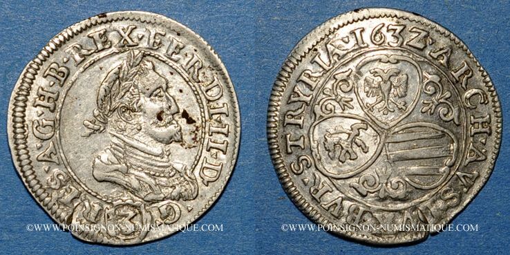 EUROPA 1632 Autriche. Ferdinand II (16191637). 3 kreuzer Graz Très