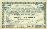 FRANZÖSISCHE NOTSCHEINE 20 centimes Pas de Calais, Somme et Nord, Groupement de 70 communes. Billet. série 1D -