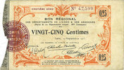 FRANZÖSISCHE NOTSCHEINE Aisne et Ardennes - Bon régional, Laon, billet, 25 cmes 19.9.1915, 20e série -